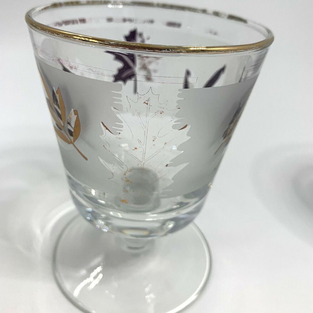 Lot 3 MCM Libby Golden Foliage Footed Rocks Glasses Autumn Leaf Vintage Barware - Picture 3 of 5
